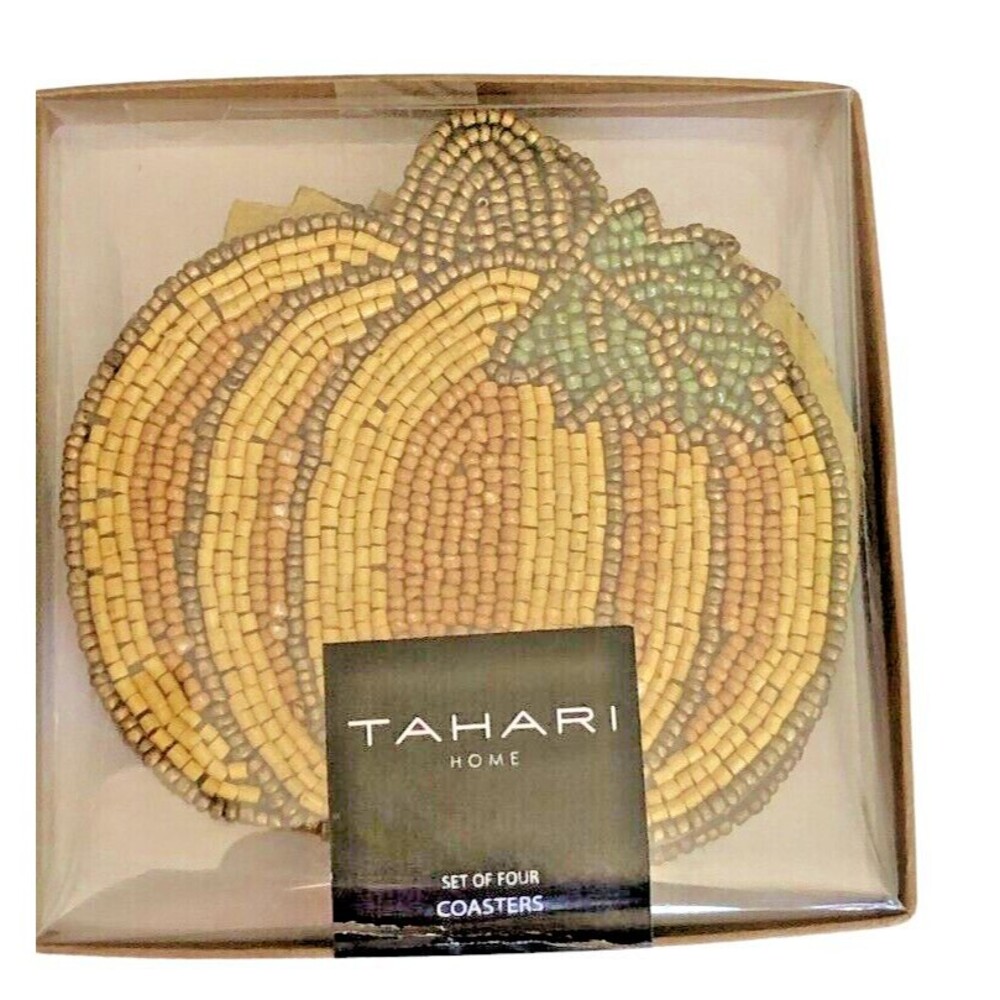Tahari Pumpkin 5" Beverage Coasters Set of 4 Beaded Fall Thanksgiving Autumn